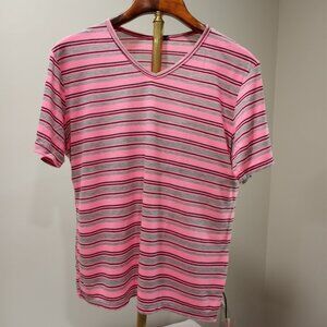 VOX POPULI V-NECK HORIZONTAL PINK AND GREY STRIPED T-SHIRT MEN SIZE XL